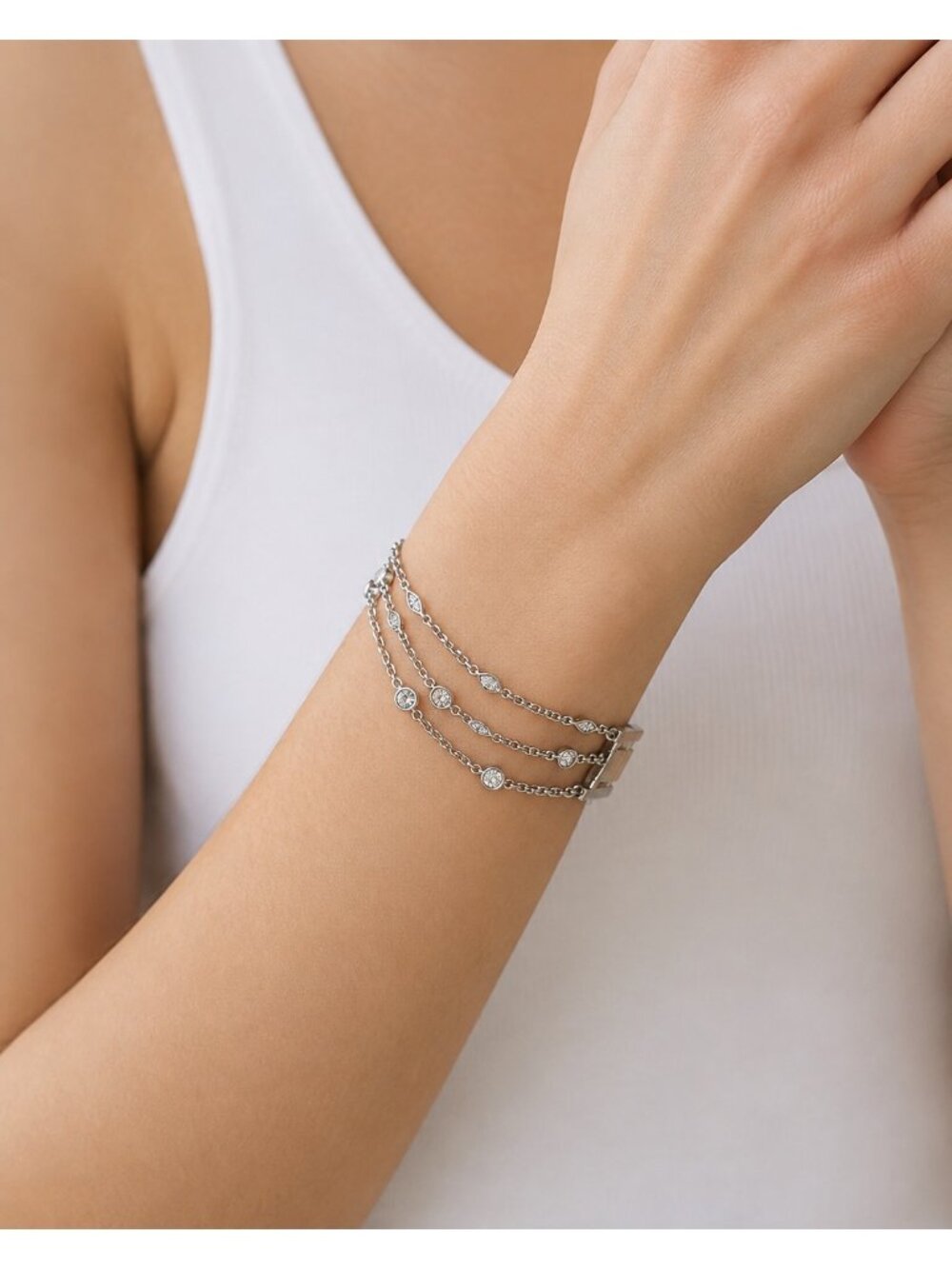 Silver Tone Multi Strand Rhinestone Chain Bracelet 7.5 Inch - Picture 5 of 5